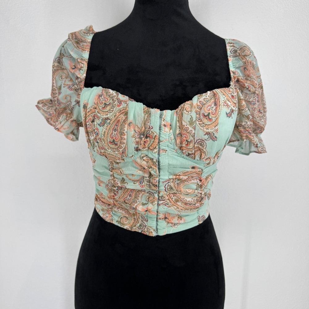 Womens Corset Puff Sleeve Ruched Paisley Square Neck Crop Top Mint Green Smocked